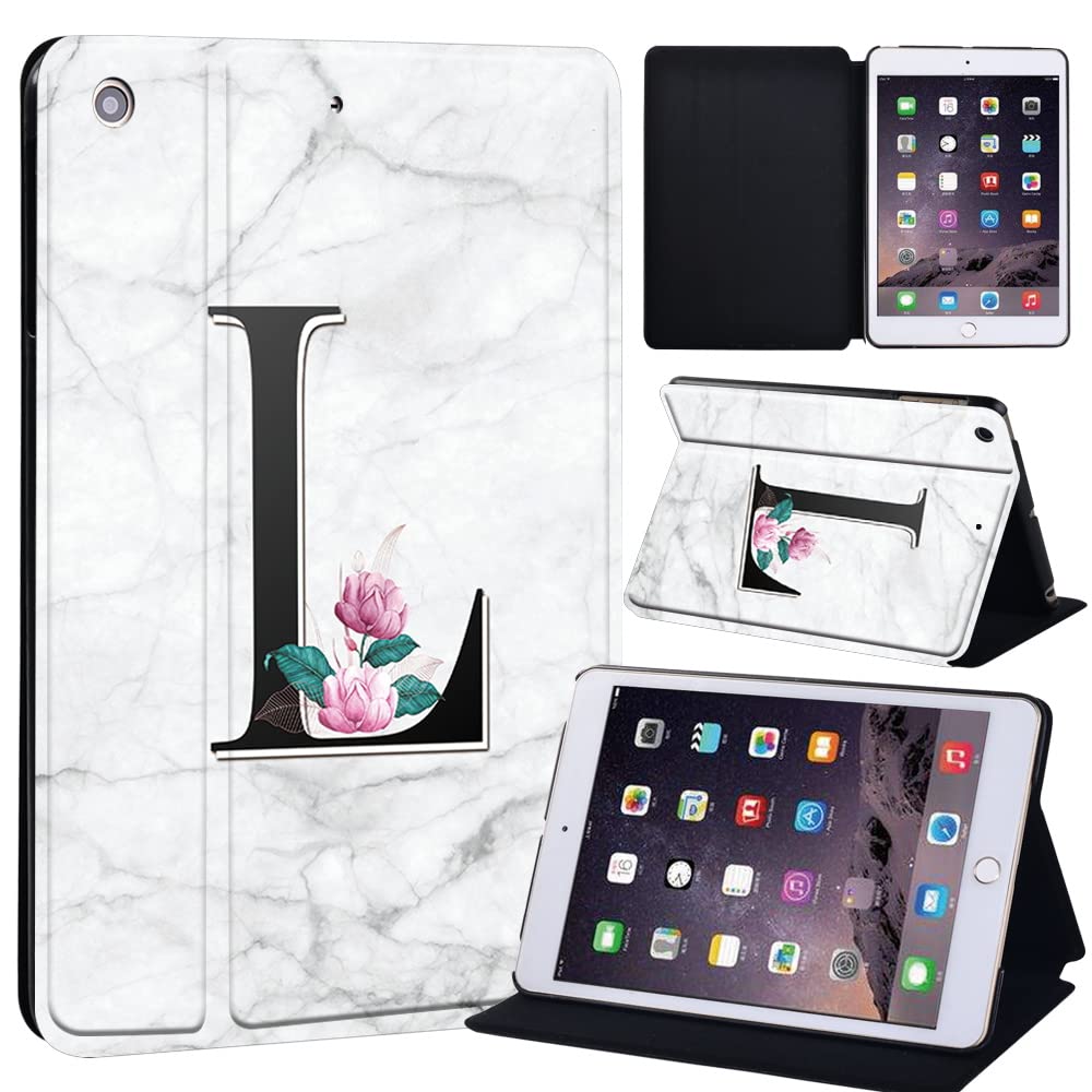 initial letter Printed Case for iPad Mini 1/2/3, Lightweight Trifold Stand Case with Auto Sleep/Wake, Microfiber Lining, Hard Back Cover for iPad Mini 1/Mini 2/Mini 3 (letter L on white marble)