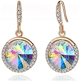 Austrian Crystal Halo Round Drop Dangle Earrings for Women 14K Gold Plated Hypoallergenic Jewelry