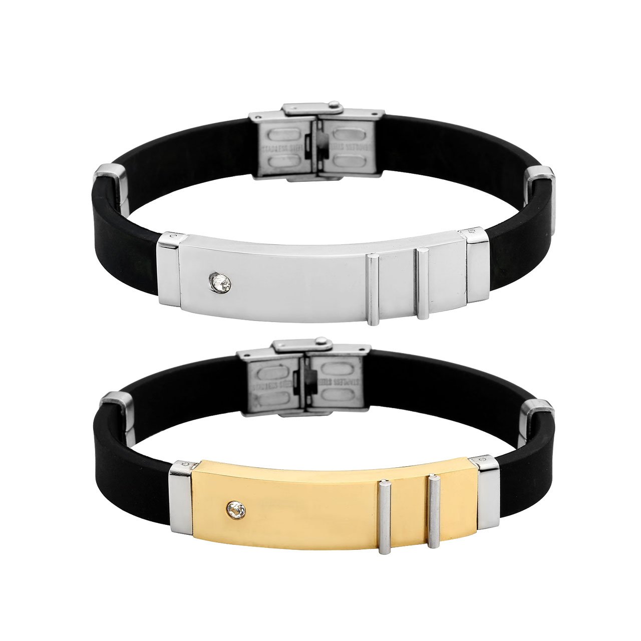 PiercingJ Paare Armband Set 2x Edelstahl Zirkon Gummi Kautschuk Klassische Armband Armreifen Manschette für Herren Damen Punk Biker mit 1x Geschenk-box, silber/gold/schwarz