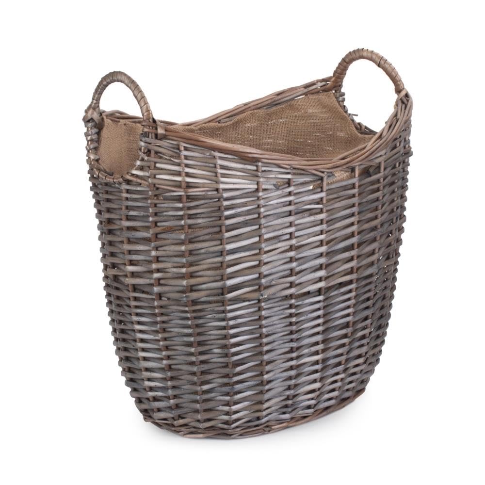 Red Hamper Small Scoop Neck Antique Wash Hessian Lined Wicker Log Basket, Brown, H34 x W25 x D30cm