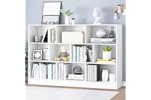 IOTXY Open Shelf Low Bookcase - Wooden 3-Tier Floor Standing Display Cabinet Organizer with Base, 10 Cubes Short Horizontal Bookshelf in Warm White