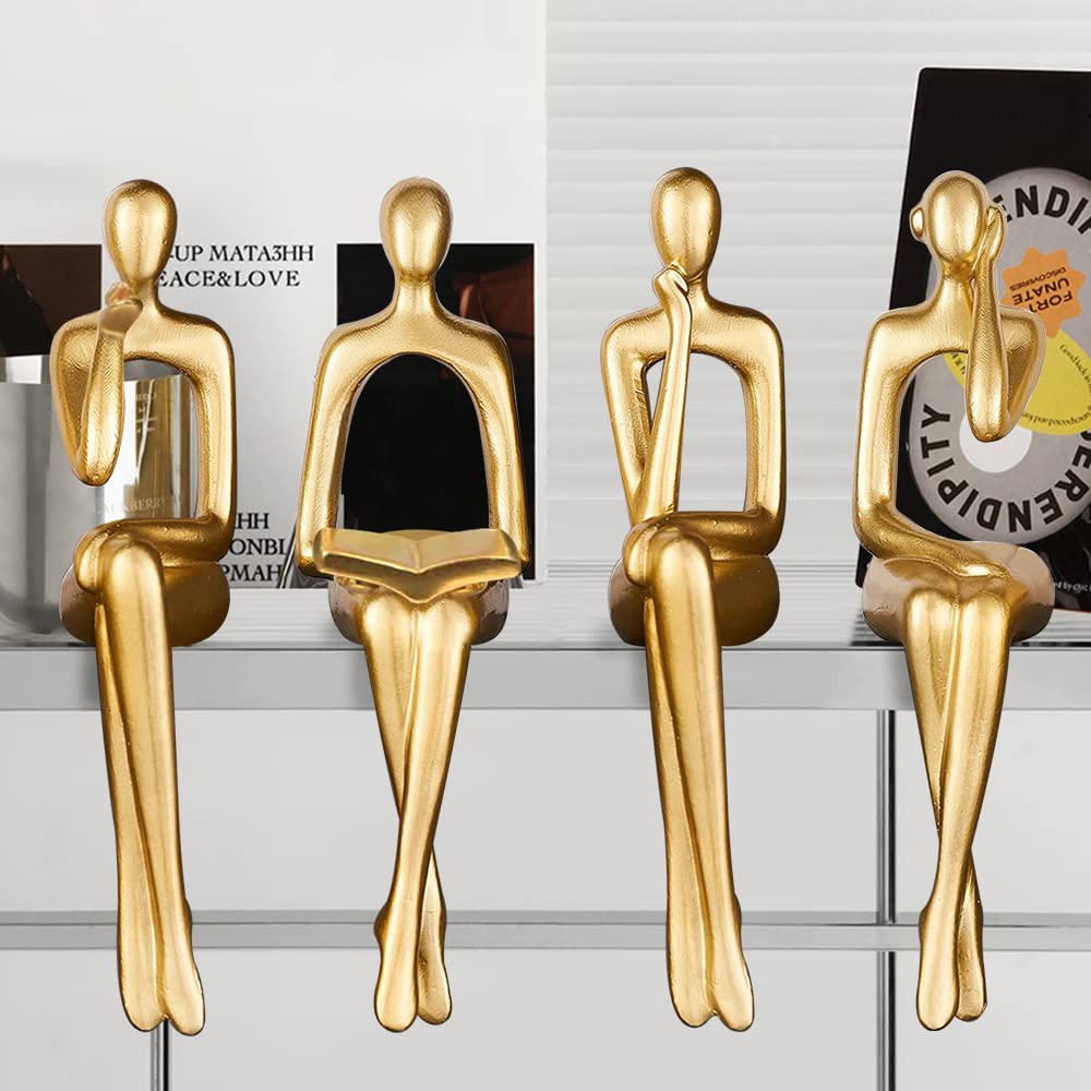 4pcs Home Decor Gold Thinker Statue Modern Resin Abstract Sculpture,Art Action Figurines Ornaments For Living Room Bathroom Office Desk Bookshelf Coffee Table Decor Collectible Accents Gift