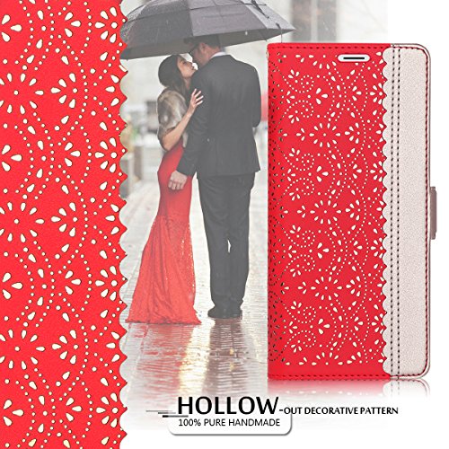 WWW Wallet Case for iPhone XR, [Luxurious Romantic Carved Flower] Leather Wallet Case with [Inside Makeup Mirror] and [Kickstand Feature] for Apple iPhone XR Case (2018) Red - Thumbnail 3