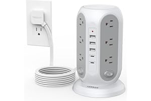 TESSAN Tower Power Strip with Individual Switches, Surge Protector with 12 Outlets, 5 USB Ports(2 USB C), Flat Extension Cord 10 Ft, 1250W, Charging Station for Multiple Devices, for Office, Dorm