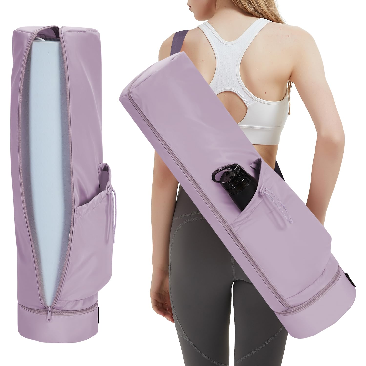 sportsnew Yoga Mat Bag Large with Carrying Strap, Bottle Pocket and Wet Compartment, Long Pilates Bag with Full Zipper for Thick Mat, Patent Pending (Purple)