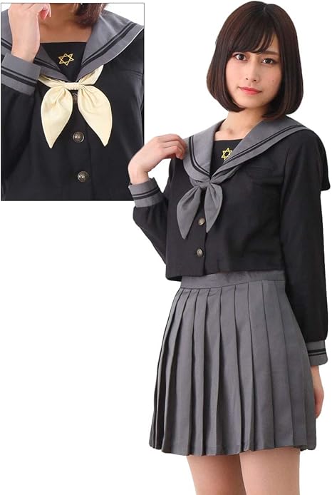 Amazon リボン２個付き Monoii セーラー服 コスプレ 長袖 女子高生 制服 コスチューム 黒 グレー 灰色 Jk 学生服 仮装 衣装 D007 コスプレ 仮装 通販