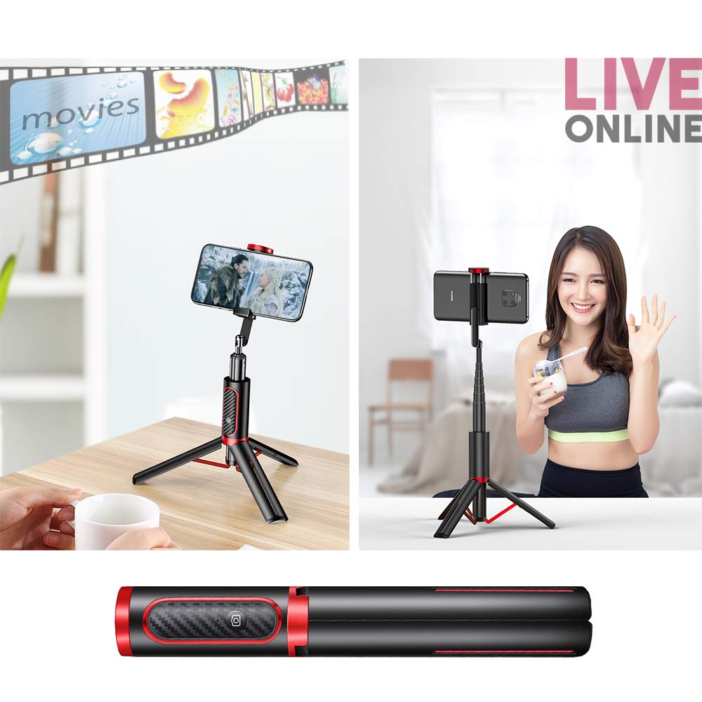 Selfie Stick Tripod Bluetooth Remote - Removable Wireless Remote Controller Portable Lightweight Aluminum Alloy Extendable Selfie Stick with Reinforced Tripod (Black)