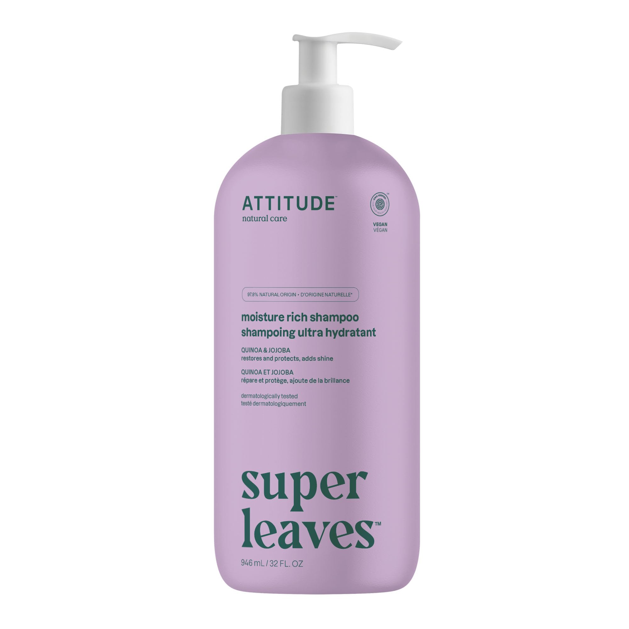 Photo 1 of ATTITUDE Moisture Rich Hair Shampoo, EWG Verified, For Dry and Damaged Hair, Naturally Derived Ingredients, Vegan and Plant Based, Quinoa and Jojoba, 32 Fl Oz