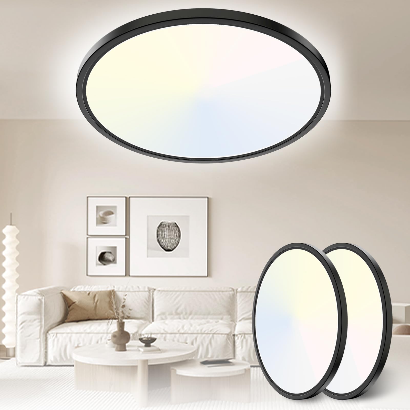 Yexati 30CM Bathroom Light 24W 3200LM 6000K/4000K/3000K IP54 Waterproof Bathroom Lights Ceiling, Ultra Thin Round Flush Ceiling Light for Kitchen Bedroom Toilet Porch Hallway Living Room Office 2 Pack