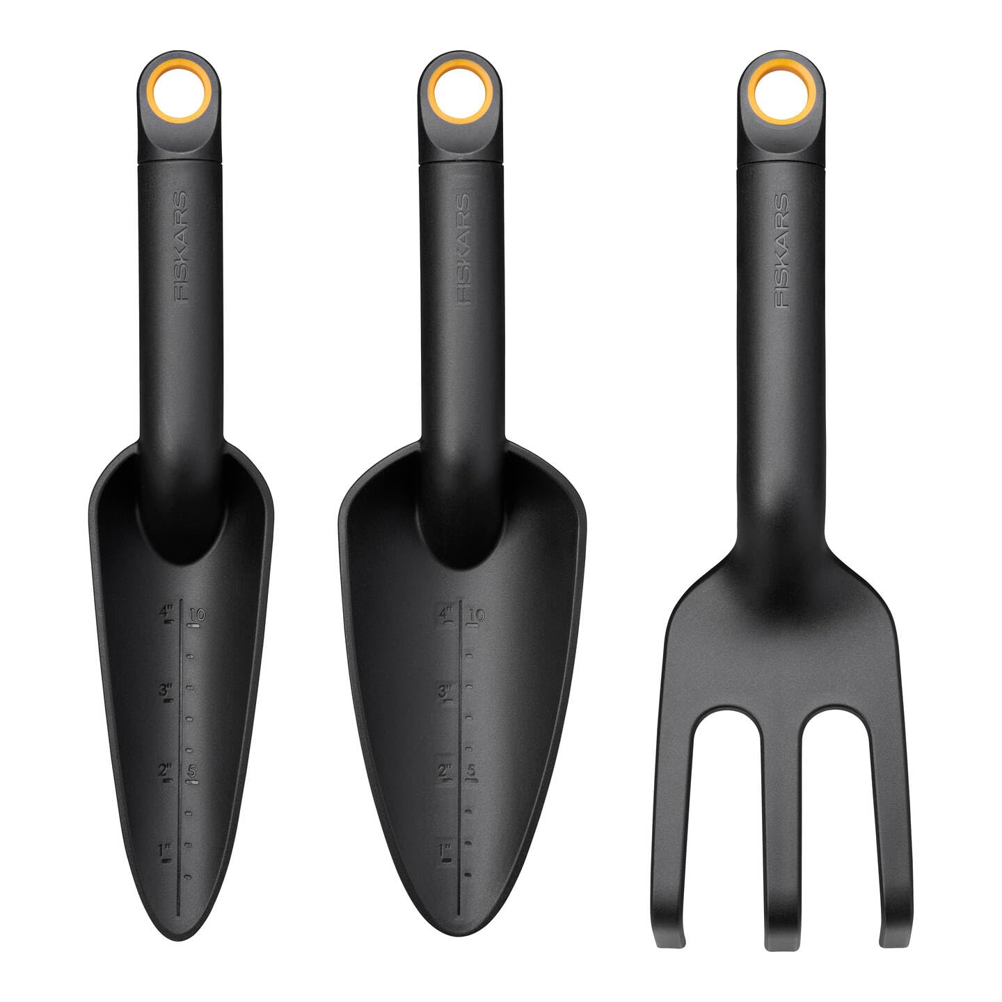 Fiskars garden tool set, 3-piece, flower rake, flower trowel and planting trowel, 65% recycled FiberComp plastic with glass fibre, black/orange, Solid, 1076379