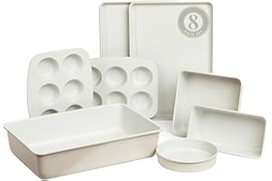 Larder & Vine Bakeware Set - PFAS/PFOA/PTFE Free, Heavy Duty Aluminized Steel with Ceramic Finish, Includes Sheet Pans, Loaf Pan, Muffin Tins, Round Pan, Square Pan, Roasting Pan (French Gray)