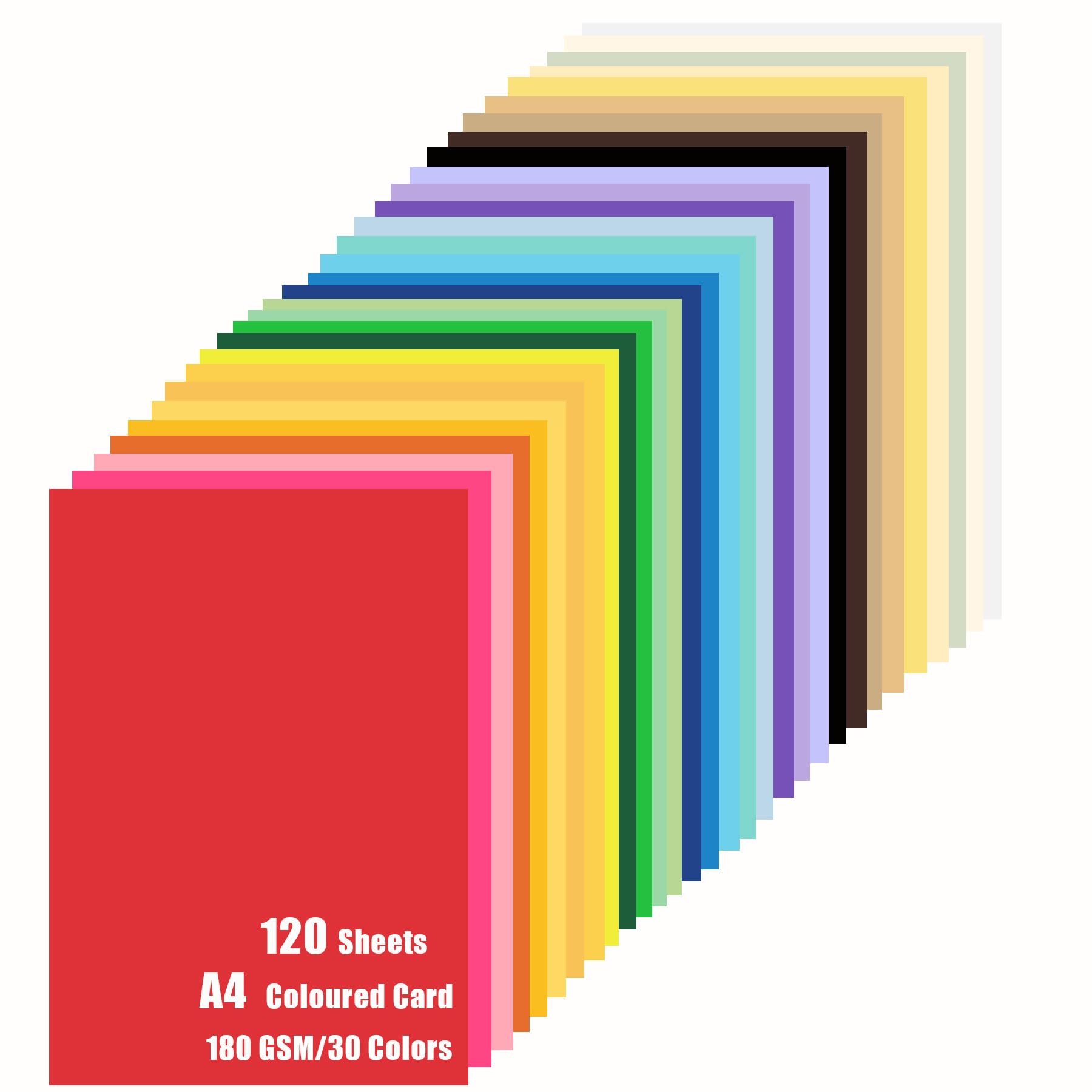 120 Sheets Coloured Card A4 210 x 297mm - 30 Assorted Colours Cardstock Paper for Scrapbook DIY Crafting and Decorating, 180 GSM