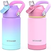 Ntswasd Girls Insulated Water Bottle with Straw,12 oz Kids Cups with Stainless Steel Leak Proof for School Daycare(2Pack，Purple+Pink)