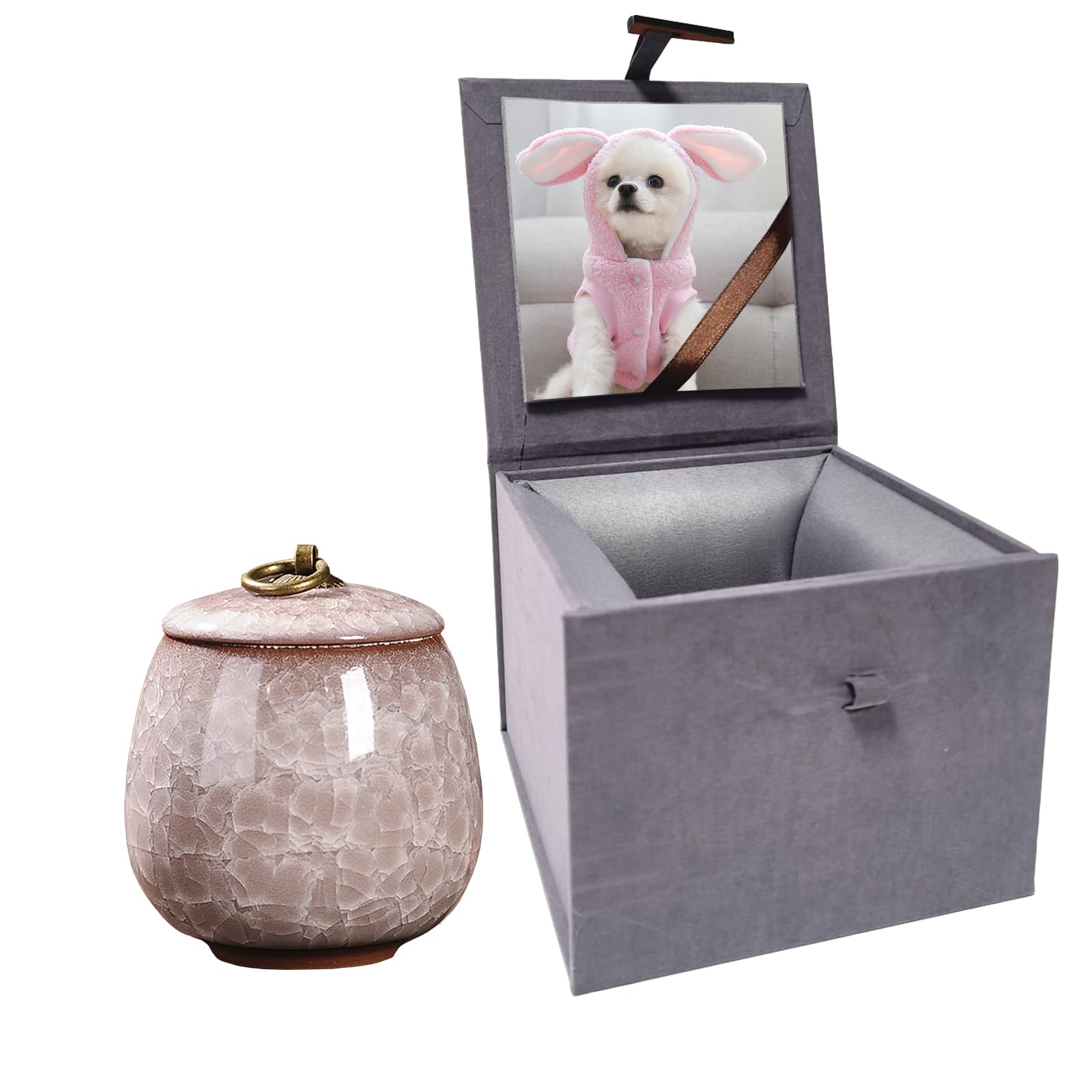 Small Ceramic Pet Urn for Ashes with Photo Display Box - Handcrafted Dog Memorial Gifts Ashes Urn for Cat Small Animals- Light Khaki