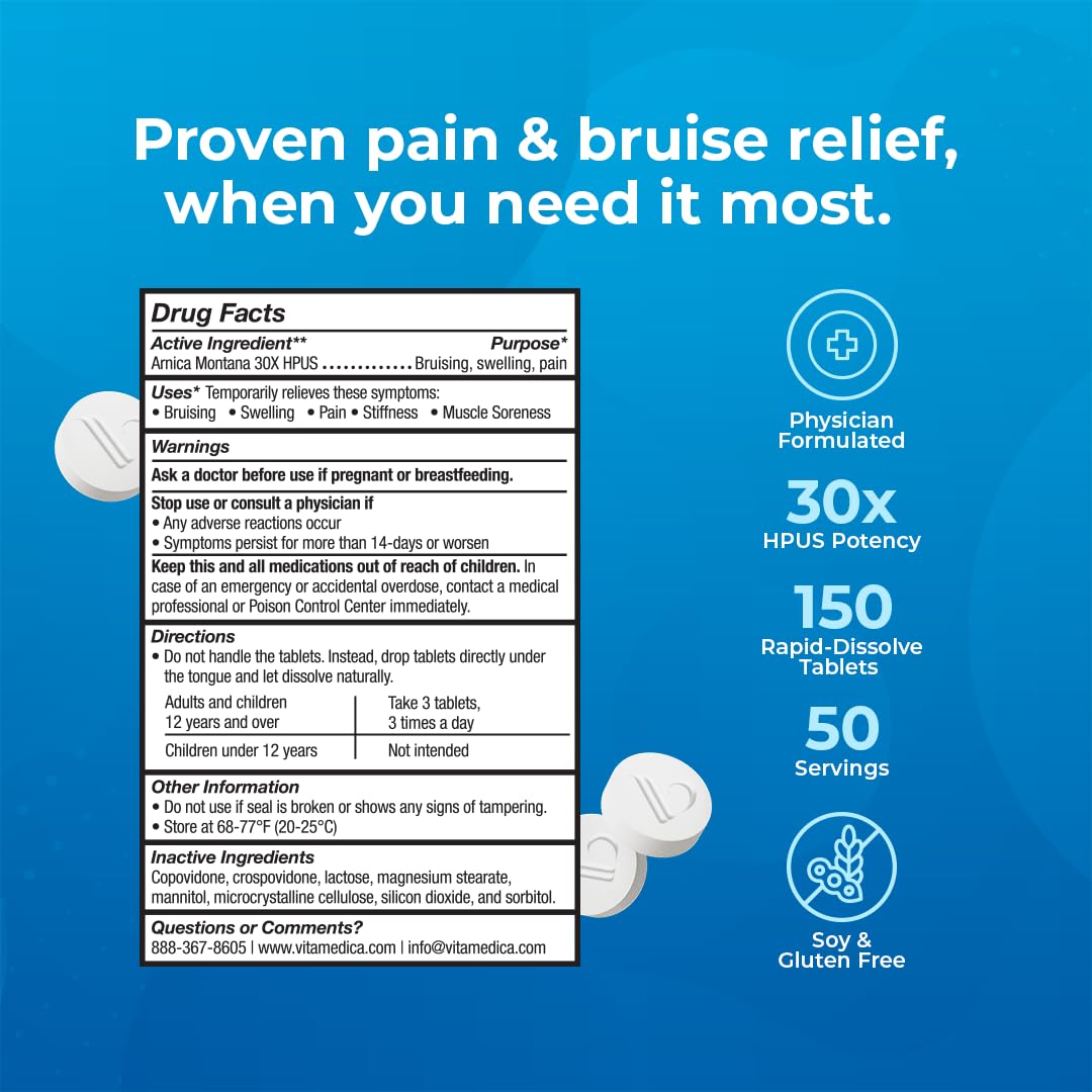 VitaMedica Arnica Montana 30X Rapid Dissolve Arnica Tablets for Natural Pain, Bruising, and Swelling Support - Homeopathic Medicine for Injury and Surgery Recovery - 150 Ct - 50 Servings