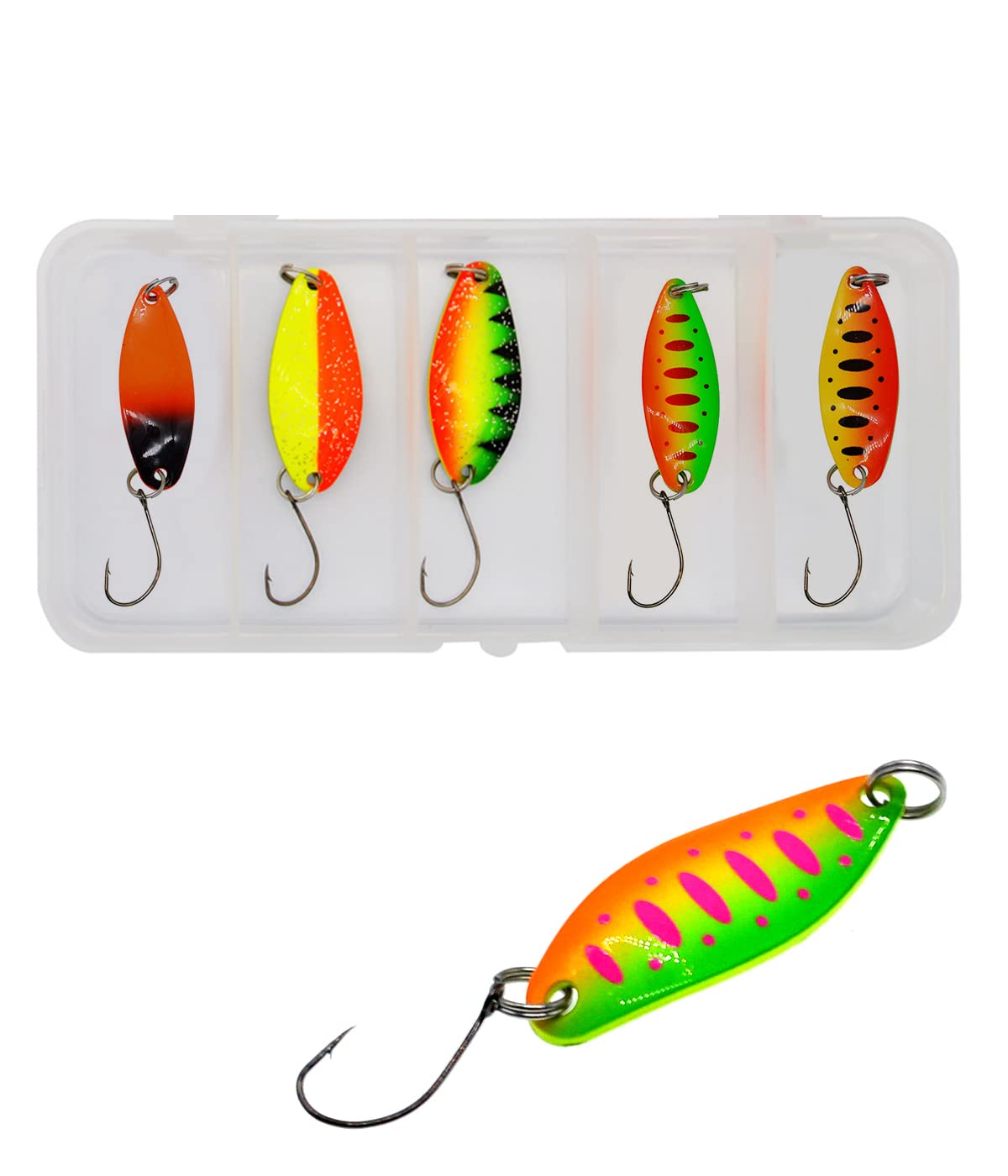 LICHUANUK Fishing Accessories Set of 5 Pieces of Trout Fishing Lures, Artificial Spinning Baits for Trout, Perch, Pike Spoon Kit with Box