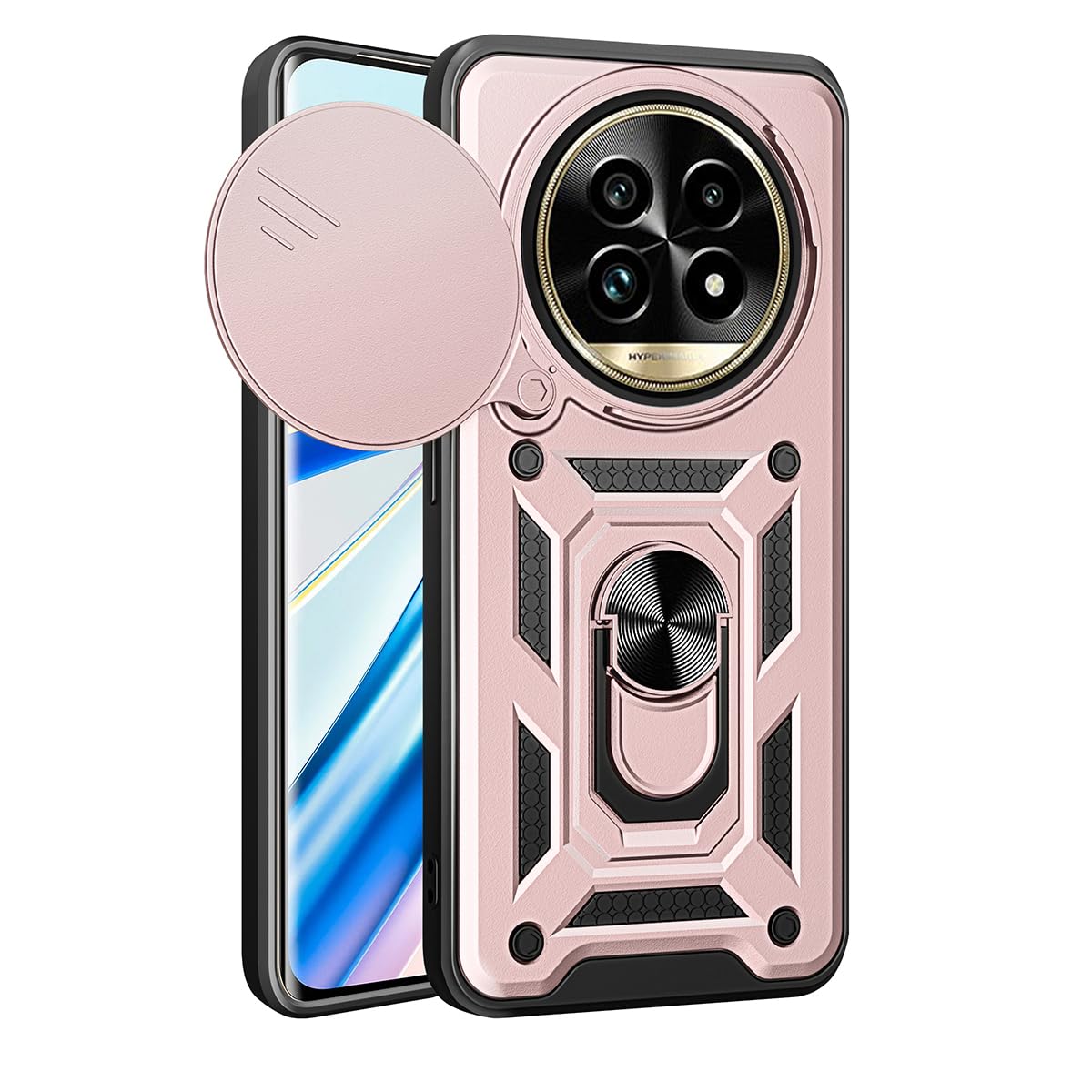 BEEJTUNY Case for OPPO Realme 13 Pro 5G/Realme 13 Pro Plus+, Cover Protective Bumper Cover with Lens Cover, Shockproof Protective Case with 360° Magnetic Holder. Rose gold