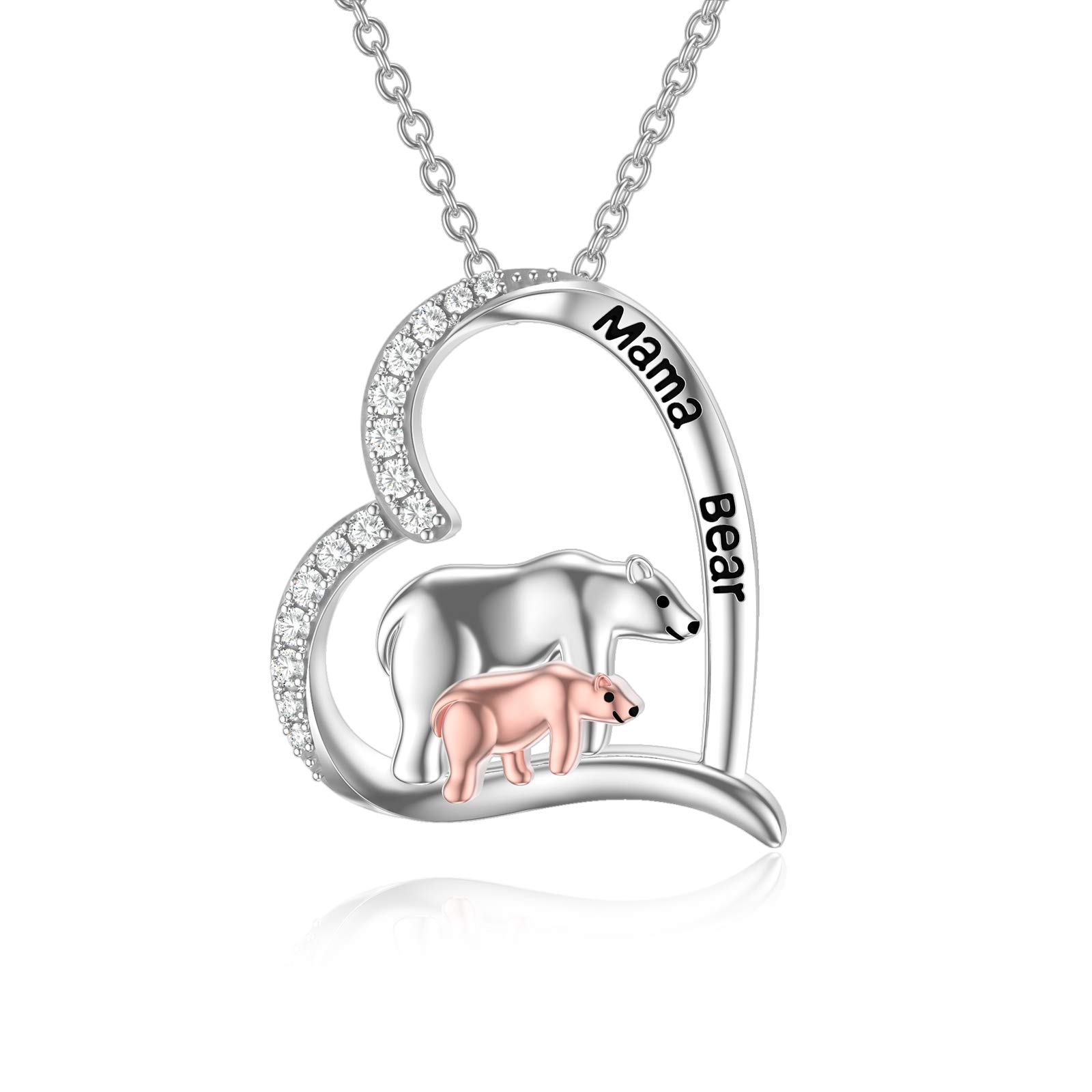 HARMONY BOLA Bear Necklace Mother Daughter Love Heart Pendant 925 Sterling Silver Animal Jewellery Mummy Birthday Gift for Women