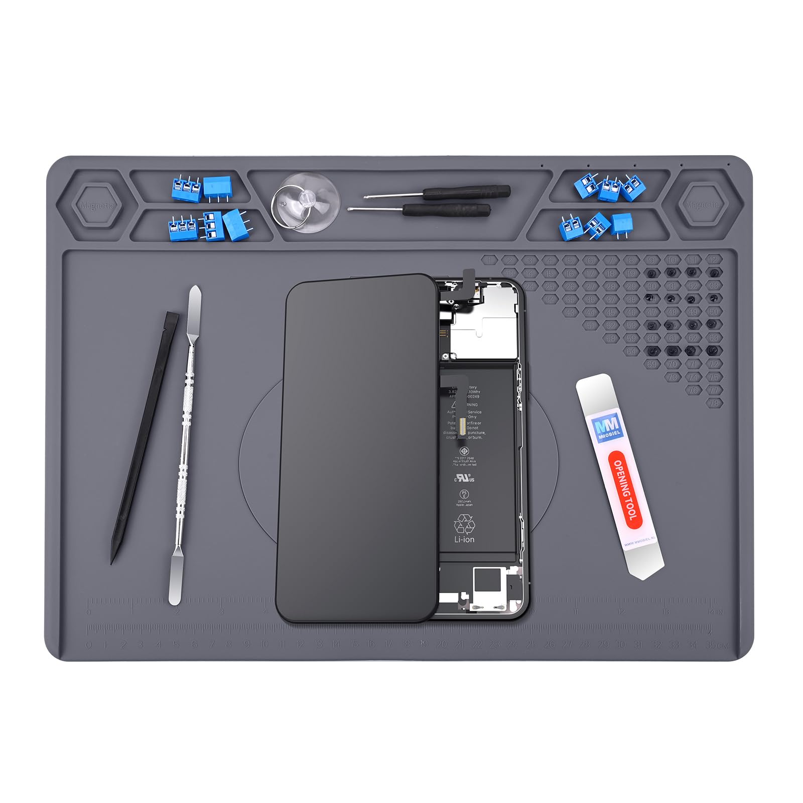 MMOBIEL Magnetic Soldering and Repair Mat Silicone - 29 x 40 cm - Heat-Resistant up to 500°C (932°F) – Workbench Mat for Soldering and Electronics – Silicone Mat with Heat Insulation – Grey