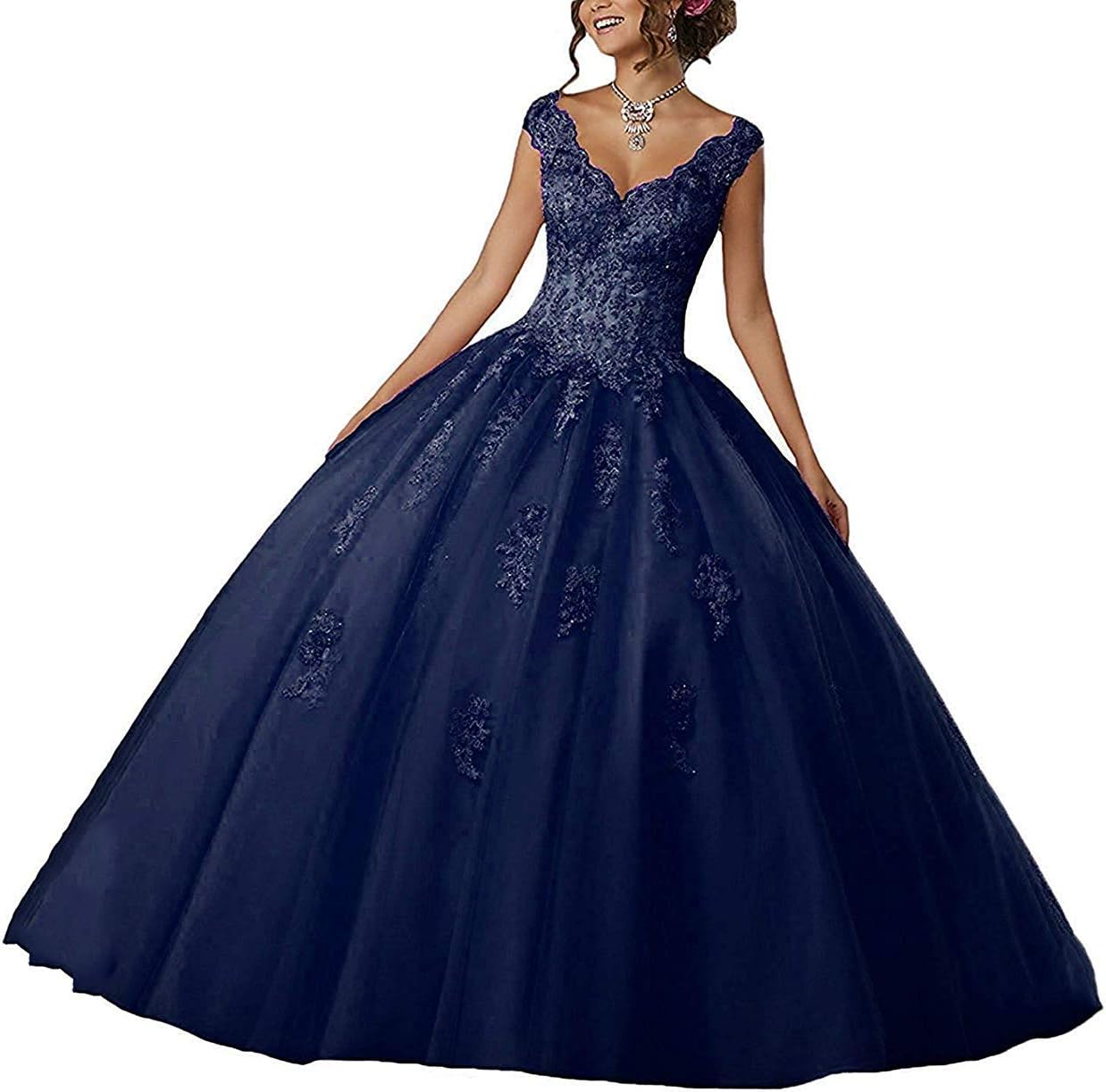 Women's V Neck Ball Gown Long Quinceanera Dress Tulle Appliques Beading Prom Dresses Hear261