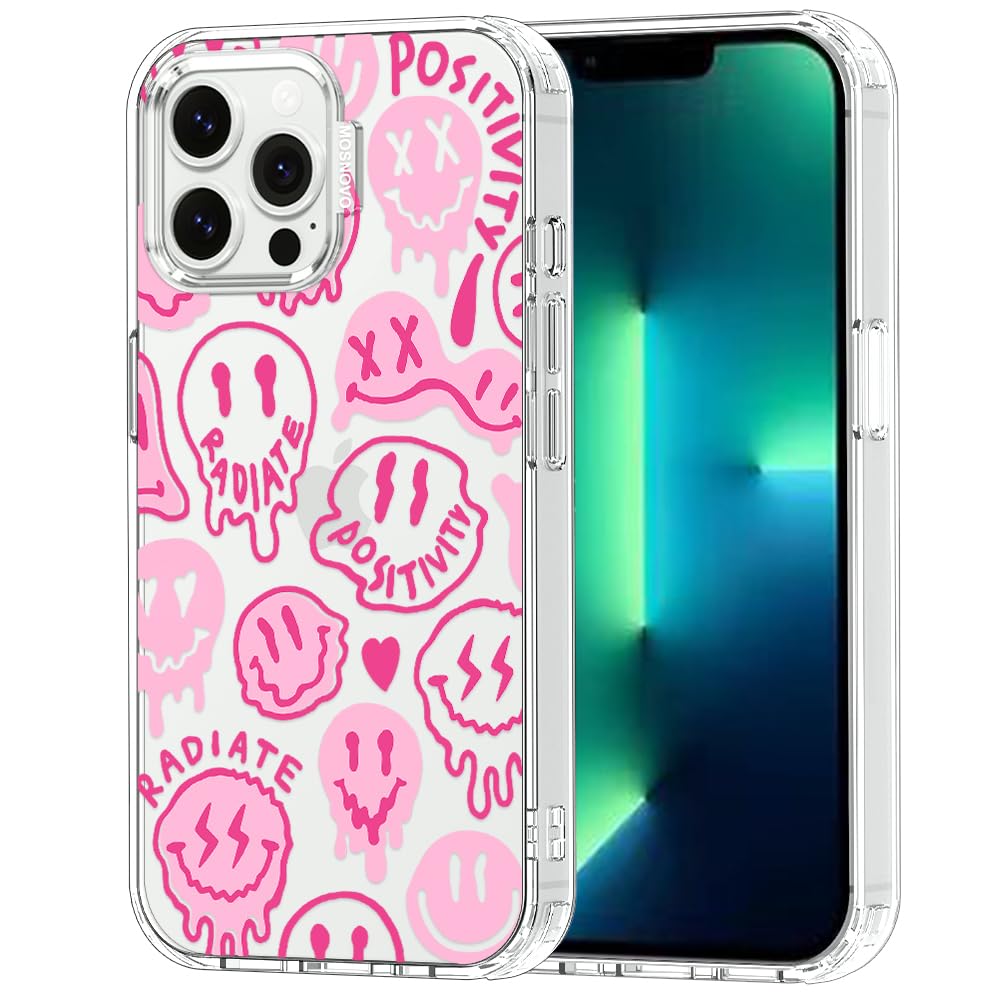 MOSNOVO Case for iPhone 13 Pro Max, [Buffertech 6.6ft Military-Grade Drop Protection] [Anti Peel Off Tech] Clear TPU Bumper Phone Case Cover Design - Pink Dripping Smiles Positivity Radiate Face — image 1