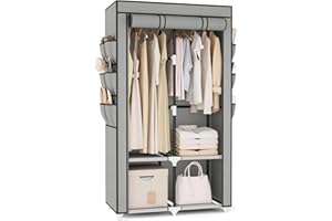 VTRIN Portable Closet Wardrobe for Hanging Clothes with 4 Storage Shelves, 2 Hanging Rods and 6 Pockets, Stable and Easy Assembly Clothes Rack with Cover Free Standing Closet for Bedroom, Grey