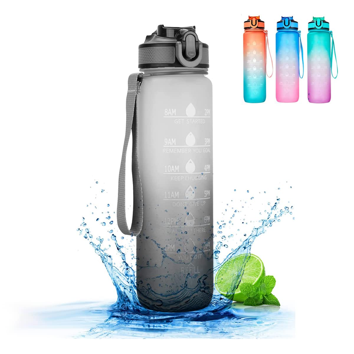 Otcmuky Sports Water Bottle 1L with Time Markings & Straw, Motivational Water Bottle with Leakproof Secure Locking Lid for Sports, Fitness, Gym, Cycling, School, Office Grey