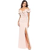 Xscape Womens Long Stretch Scuba Crepe Ruffle Collar Ruched DressSpecial Occasion Dress