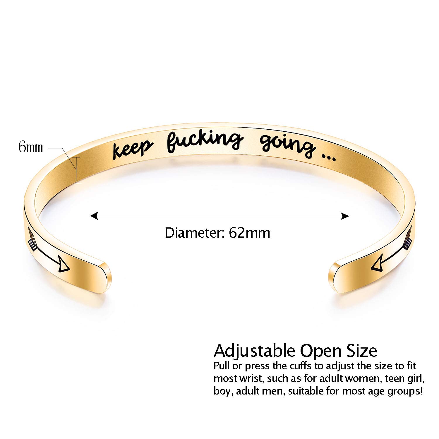 GAGAFEEL Inspirational Bracelet Mantra Cuff Engraved Keep Going Stainless Steel Bangle Encouragement Jewelry Gift for Women Girl Teen Friends (Gold)