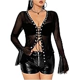 SHENHE Women's Plus Size Y2k Grunge Punk Mesh Shirt Gothic Sheer Lace Up Long Sleeve Party Top