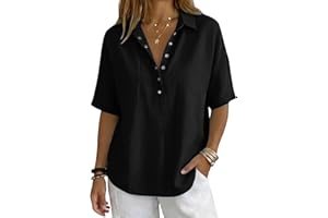 Linen Tops for Women 2026 Summer Cotton Gauze Shirts Button Down V Neck Half Sleeve Blouses Loose Fit Tunic Clothes