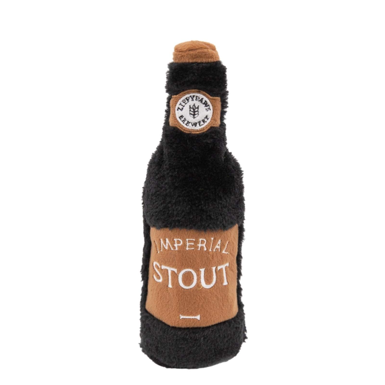Zippy Paws Happy Hour Crusherz Stout Dog Toy – Durable Bottle-Shaped Plush Toy with Reusable Water Bottle & Squeaky Cap