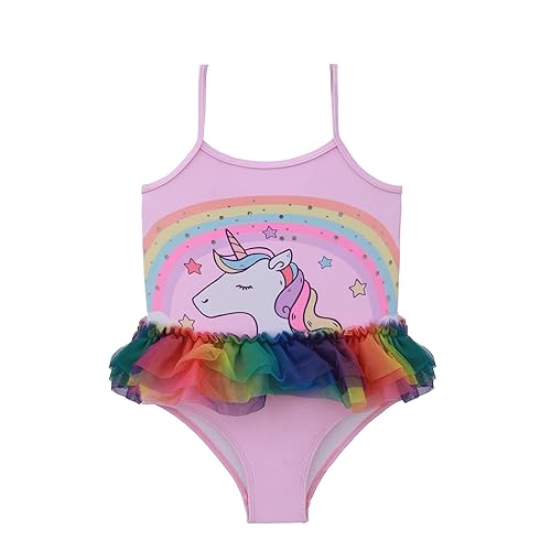 Girls Swimsuit One Piece Skirt Swimwear Costume Little Kids Bathing Suit 2 to 6 Years, Pink Unicorn, 4T