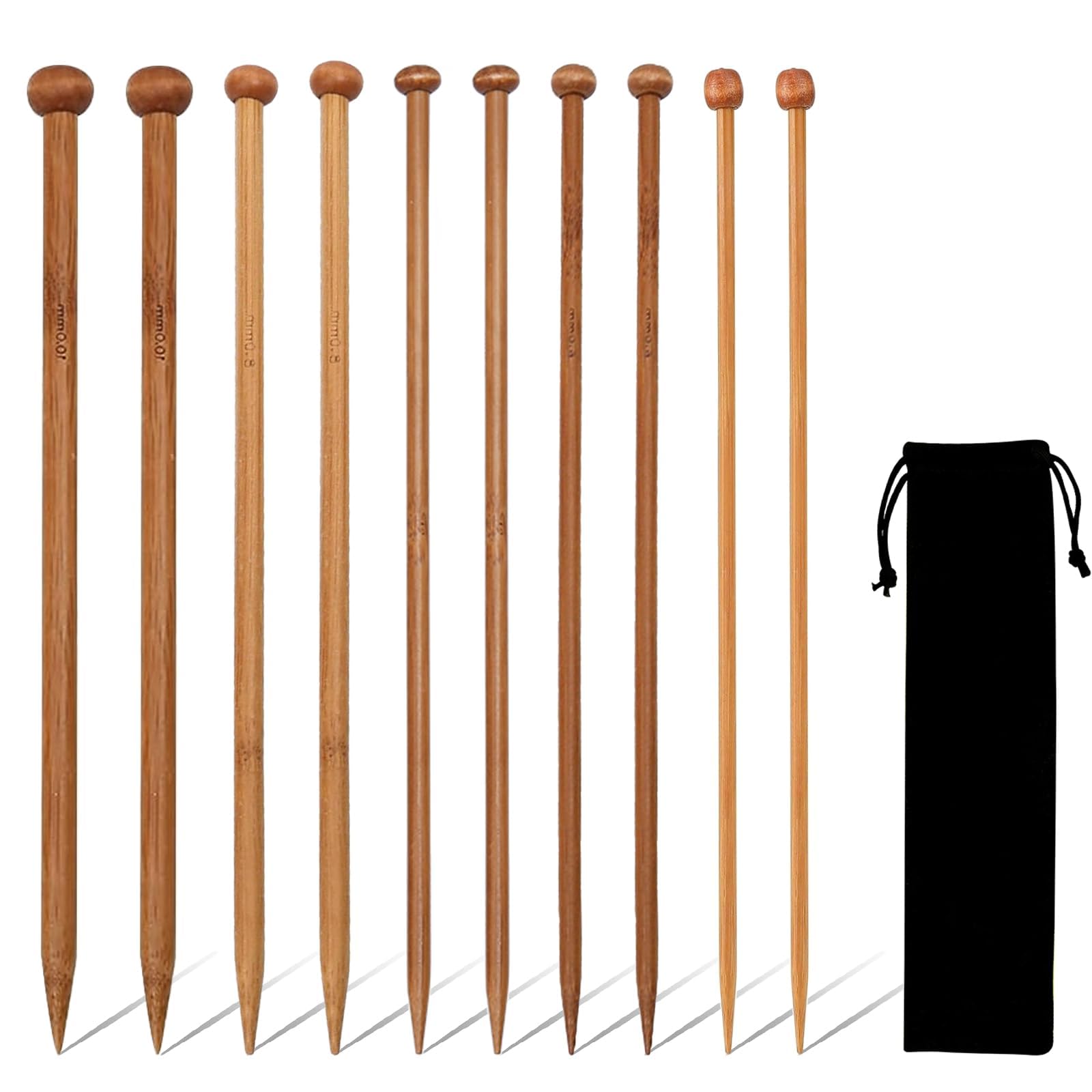 10 Pcs Bamboo Knitting Needles Set - 5 Sizes (10mm, 8mm, 6mm, 5mm, 4mm) With Storage Bag for Hand Weaving