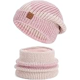 Lrastok Women Winter Slouchy Knit Beanie Hat Scarf Set, Soft Warm Knitted Beanies Cap Fleece Lined Scarves