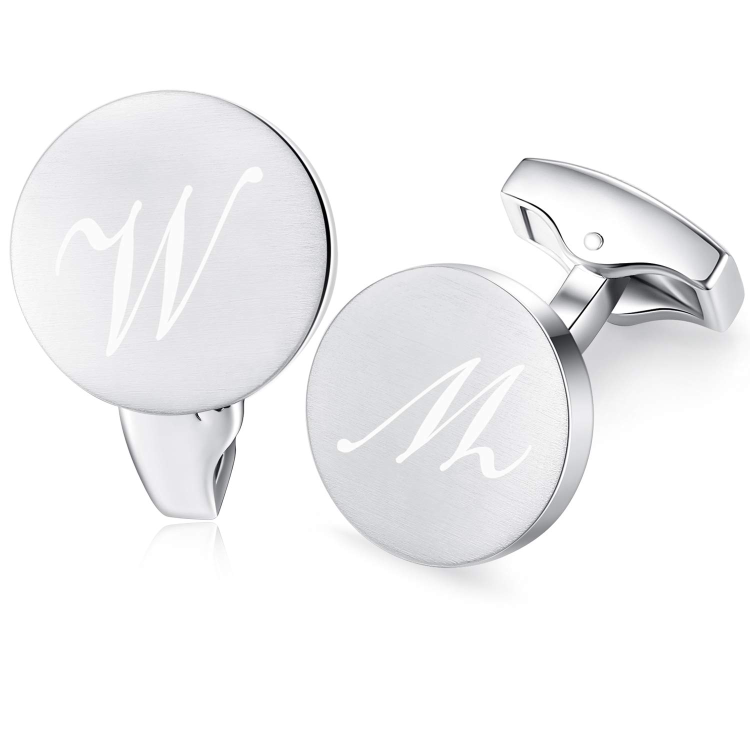 Honey Bear Initial Alphabet Letter Cufflinks for Men, Silver Round Shape Stainless Steel Wedding Business Gifts A - Z (W)
