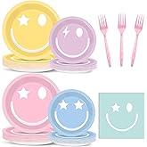 Justforjoyful 96pc Preppy Pastel Party Decorations Paper Plates Napkins Smile Face Tableware Set Dinnerware Supplies for Birthday Bachelorette Baby Shower Serve 24