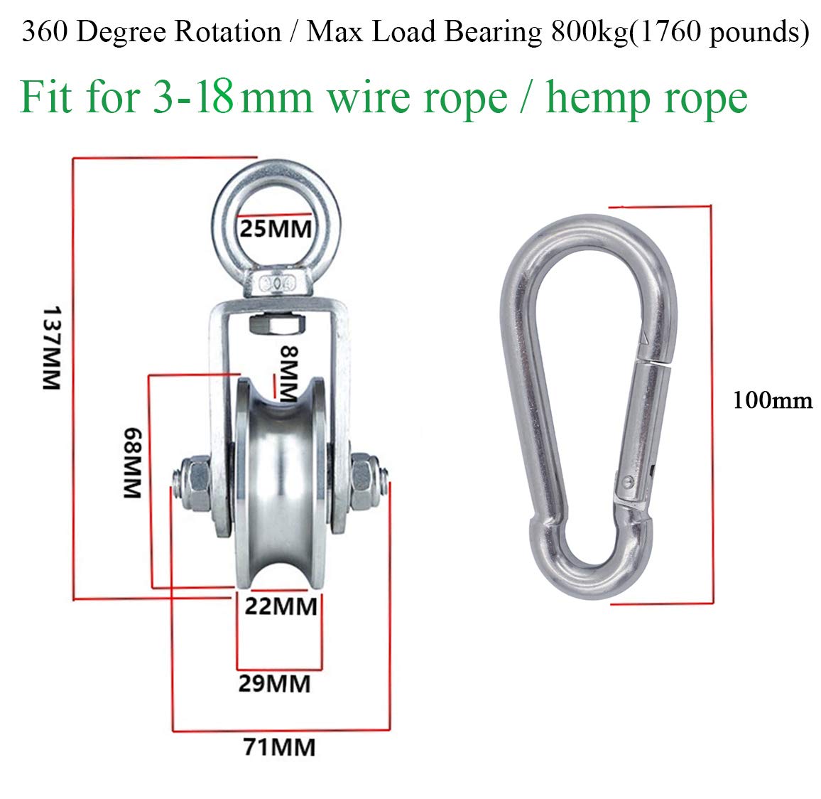 Mua Cable Pulley + Carabiner Duplex Bearing 360 Degree Rotation Loading ...