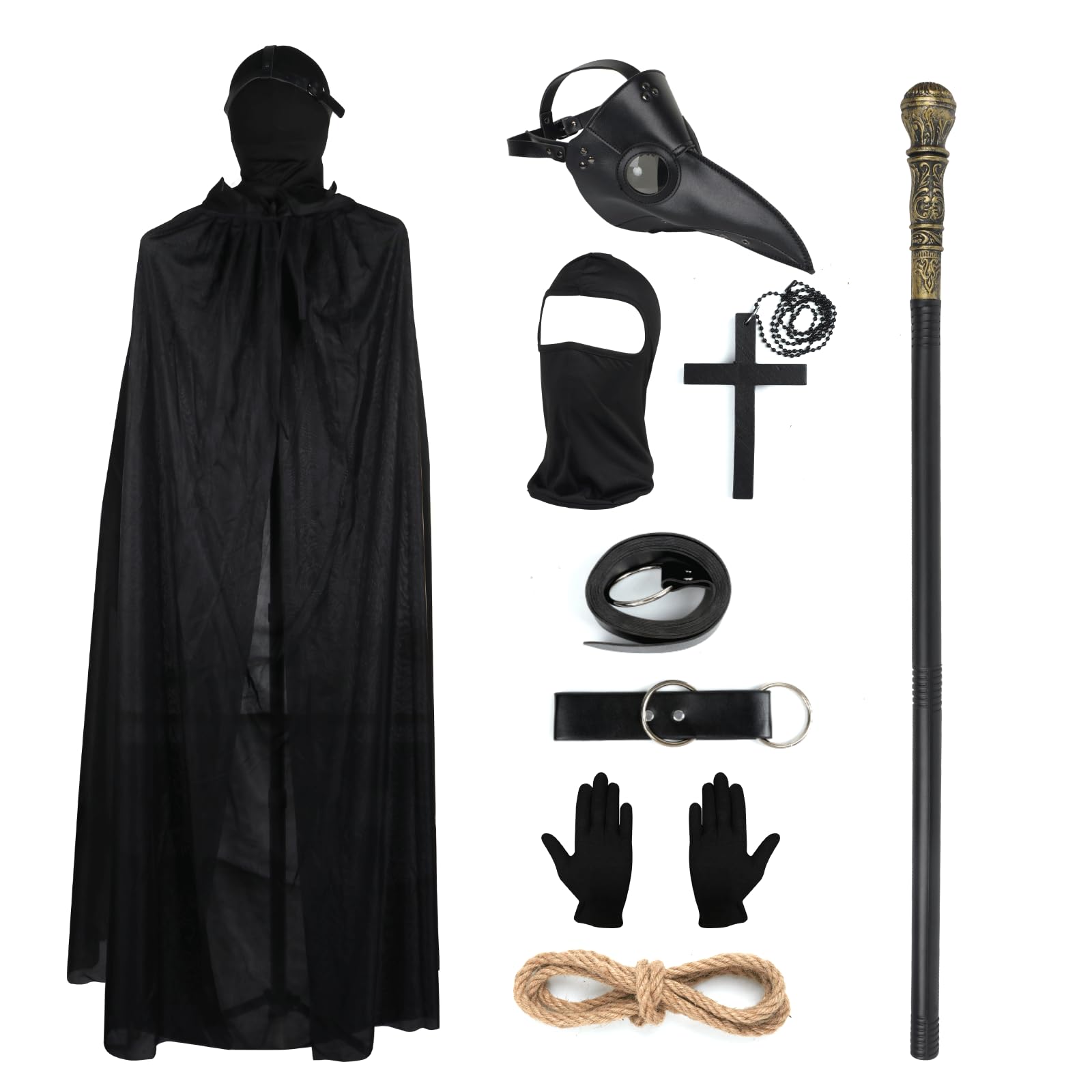 Plague Doctor Costume Set, Retro Leather Bird Mask Long Nose Bird Beak Steampunk Masks, Black Hooded Cloak, Black Gloves, Full Face Mask, Cane, Cross Necklace, Ring Buckle, Belt for Halloween Cosplay