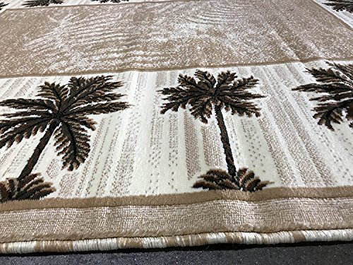 Palm Tree Modern Area Rug Tropical Beige & Green Design 729 (8 Feet X 10 Feet)