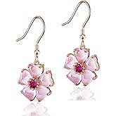 VONSSY Elegant Cherry Blossom Necklace Earrings Pink Cats Eye Flower Flora Sakura Gemstone Crystal Pendant 18k Gold Plated Chain Jewelry Set Gift for Woman Wife Girlfriend