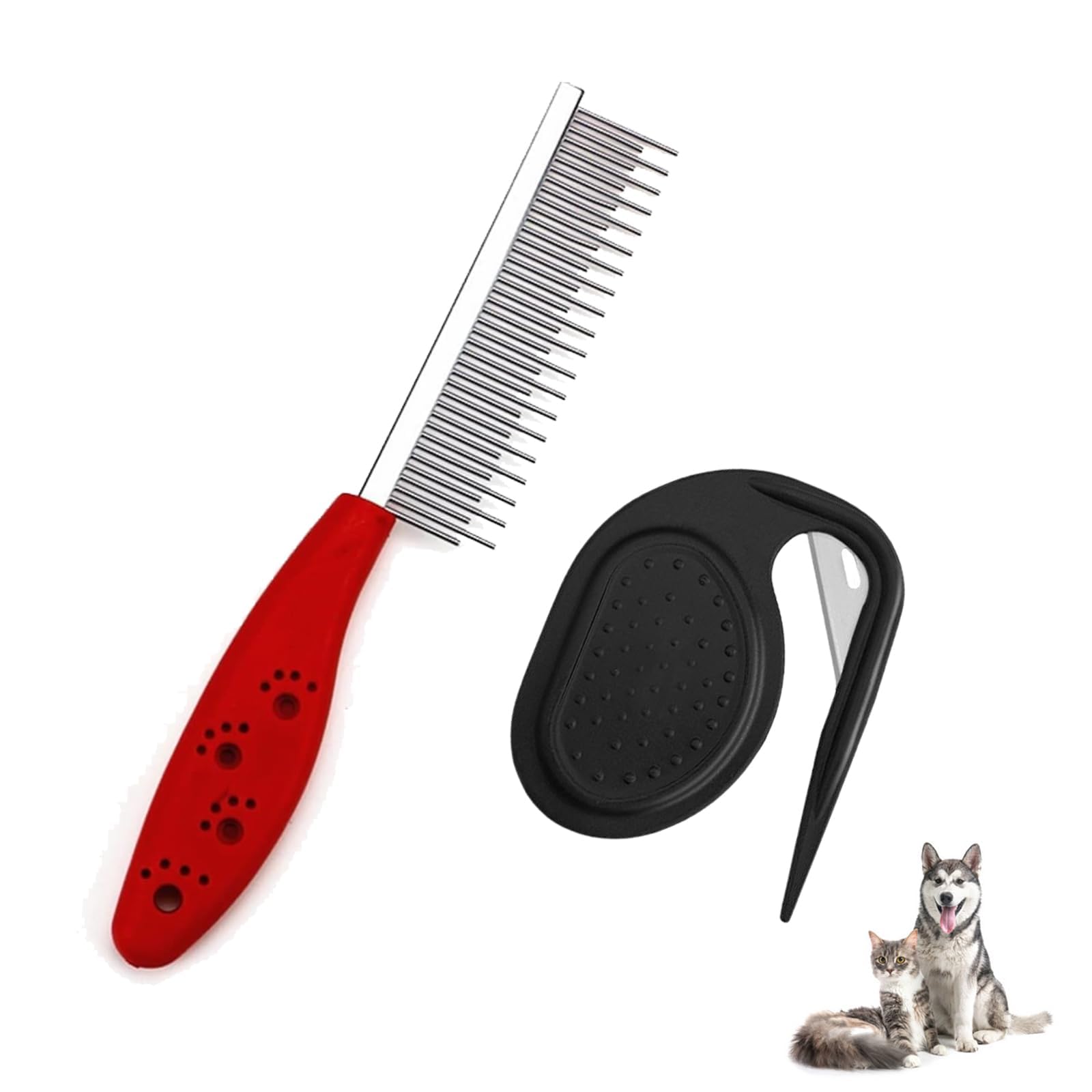 GVSS 2 x Long Haired Dog Brush, Cat Comb, Cat Comb, Cat Bow, Multifunctional Tool for Open Knot and Dead Hair, for Dogs and Cats, Red and Black