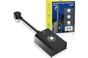 Minoston Outdoor Timer Outlet Waterproof, Dusk to Dawn Photocell Light Sensor Socket, 2/4/6/8 Hours Cutdown Timer, 2 Grounded Outlets for Christmas and Hallowen Deceration, Black(MP40T)