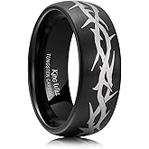 King Will Black Tungsten Carbide Wedding Band For Men, Thorn Pattern Design, 8mm Dome Matte Brushed Engagement Rings for Daily Wear and Activities, Comfort Fit Size 7-12