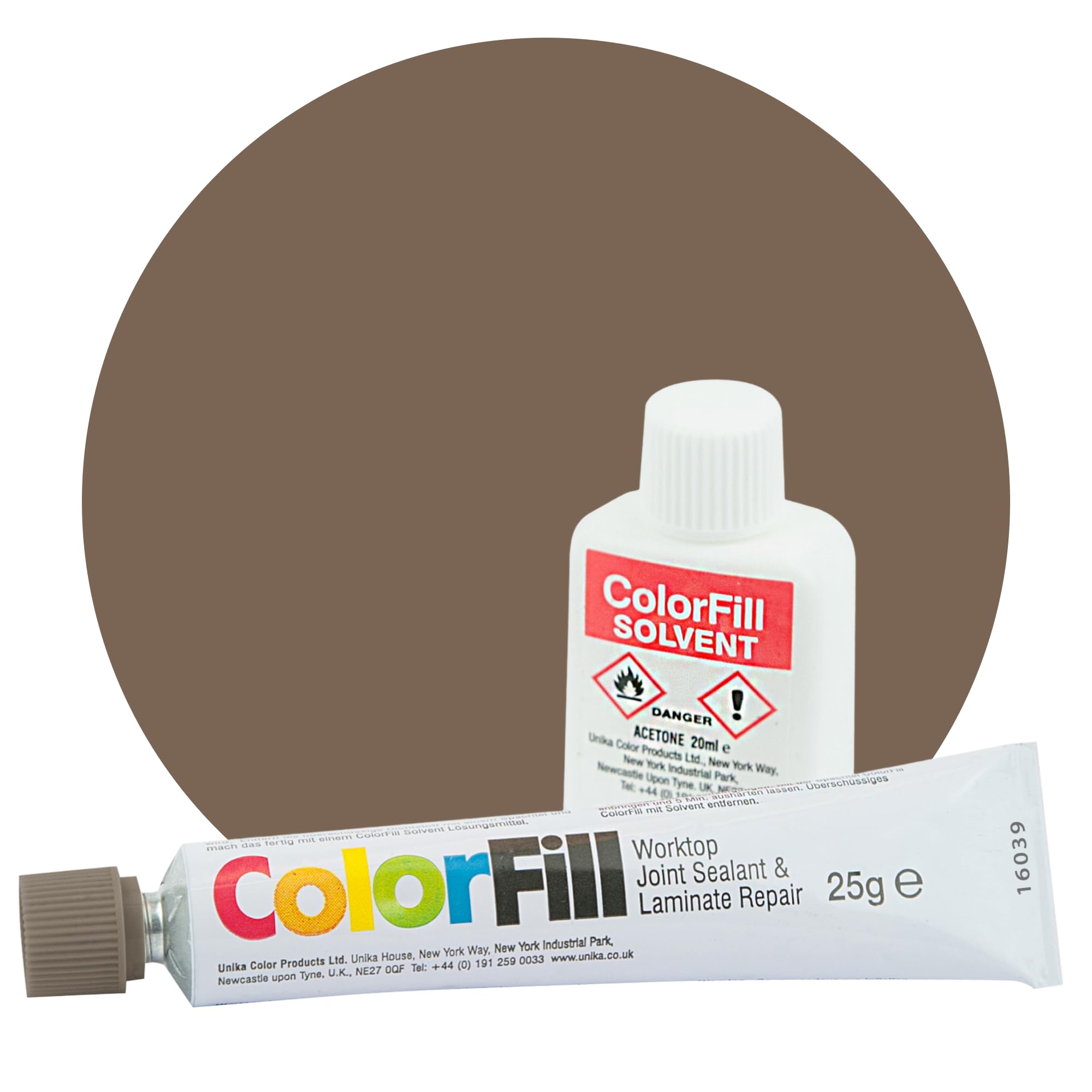 Unika ColorFill Earth Dust/Mocha Brown (CF036) – Laminate Worktop Repair Kit, Joint Compound, Sealant & Filler | 25g Tube + Applicator + 20ml Solvent – Kitchen Worktop Scratch Repair