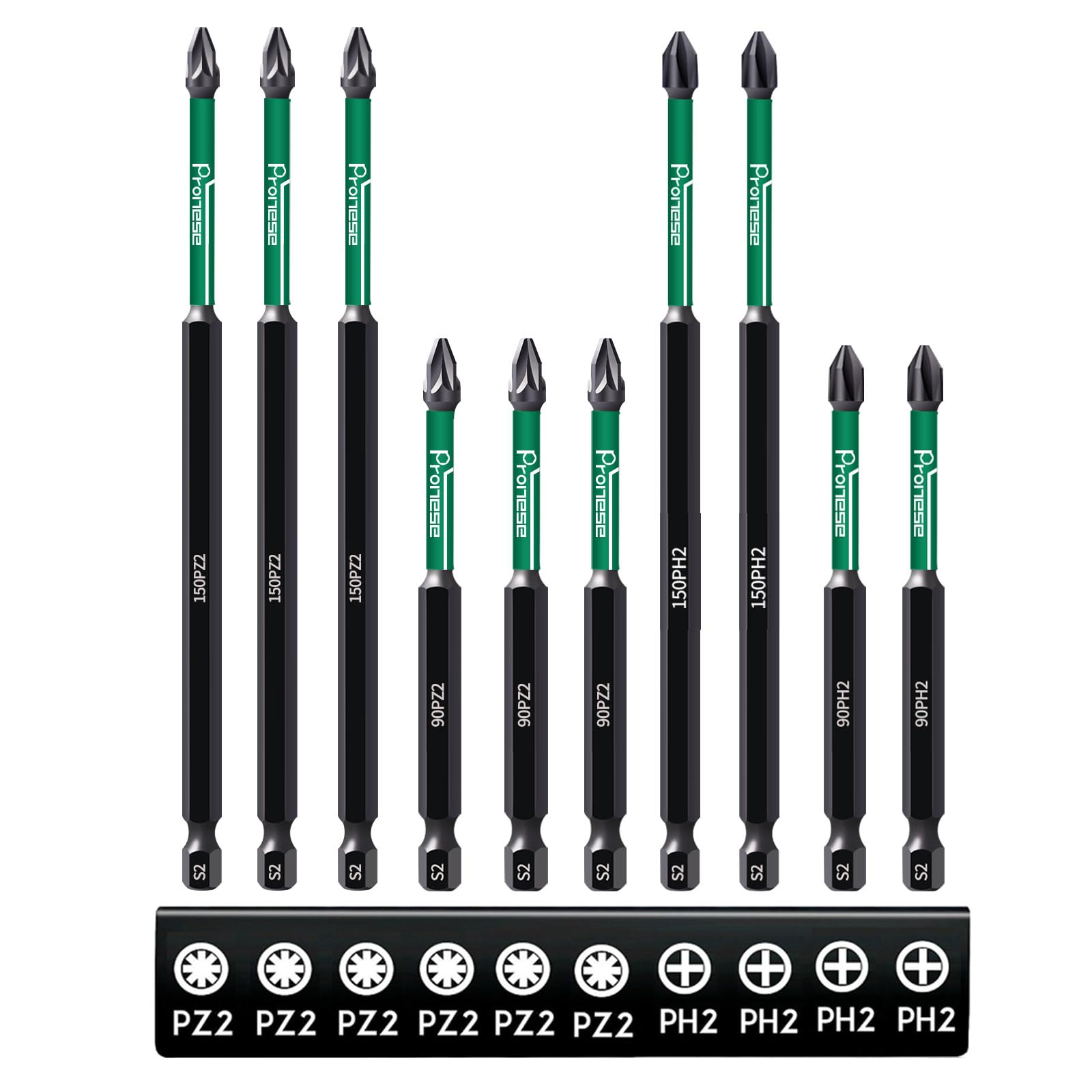 Pronese 10 pcs 150 mm and 90 mm PZ2 & PH2 Magnetic Impact Driver Bits, Long S2 Steel Magnetic Drill Bits