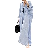 GGUHHU Womens Oversize Casual Maxi Striped Cotton Shirt Dress Loose Button Down Long Blouse Dresses (Medium, Blue)