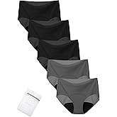 TIICHOO Womens Seamless Period Underwear Silky No VPL Leakproof Pants with Laundry Bag 5-Pack(3XL, 3 Black/2 Grey)