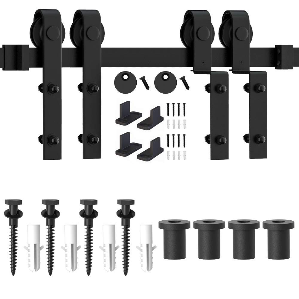 WINSOON 5FT Single Track Bypass Barn Door Hardware Double Doors Kit, Heavy Duty Sliding One Track Antique Roller for Cabinet Closet Fit Double 30" Wide Door