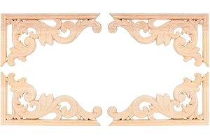 HEALLILY 4PCS Wood Carved Corner Onlay Unpainted Applique European Style Door Cabinet Decoration Appliques for Furniture,Corner molding Trim (13 * 7cm)